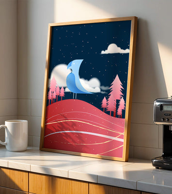 Colorful Night Scene with Blue Bird Under Starry Sky