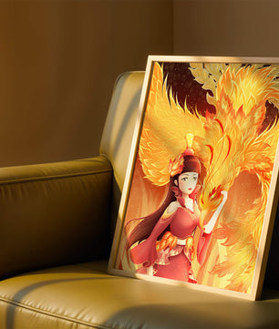 Elegante Darstellung einer Frau mit einem feurigen Phönix