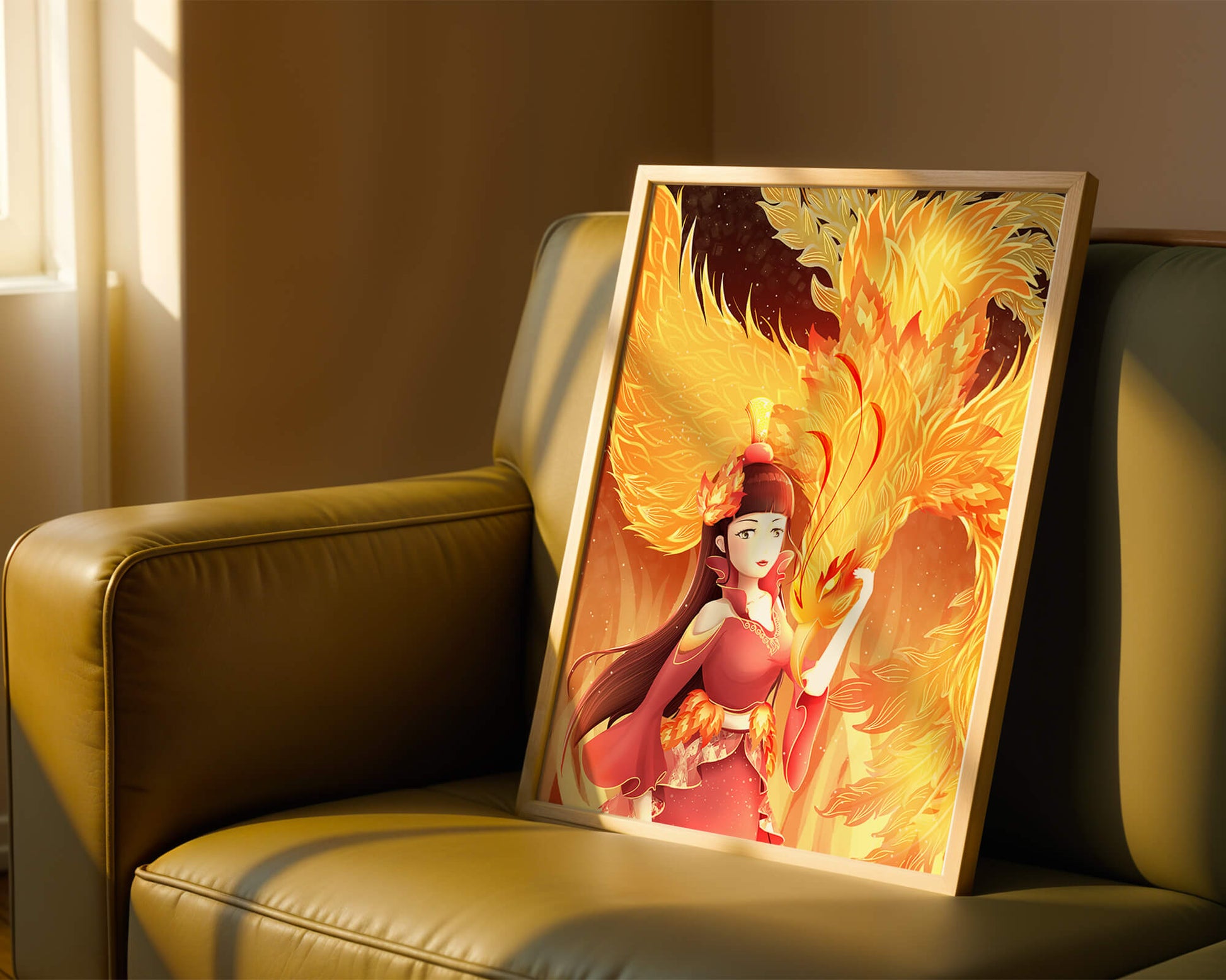 Elegante Darstellung einer Frau mit einem feurigen Phönix