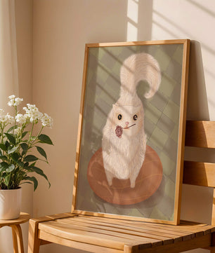 Illustration of fluffy cat with rose on a cushion