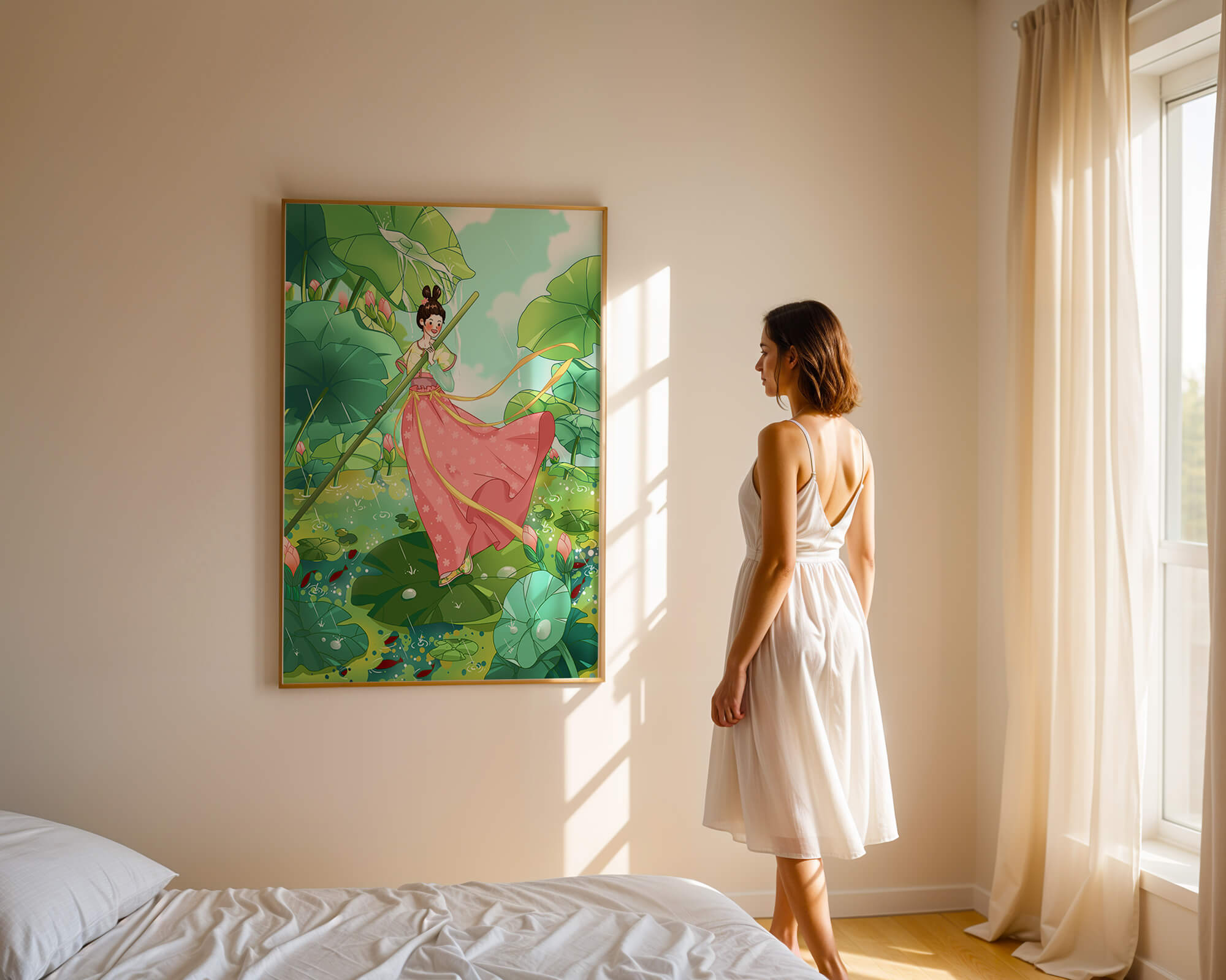 A whimsical scene of a girl in traditional dress among vibrant lotus leaves
