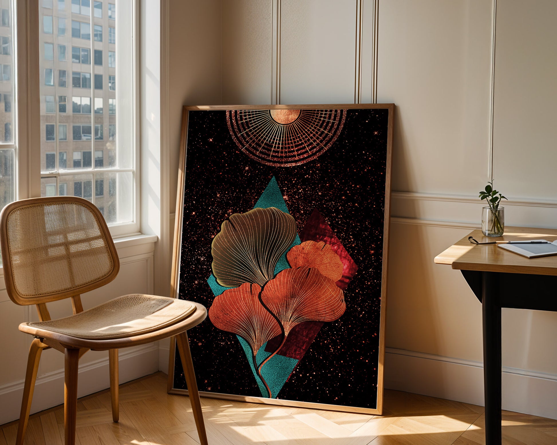 Traducción al español: Ilustración floral cósmica abstracta con elementos geométricos y acentos dorados