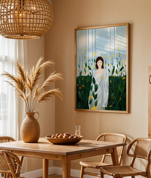Femme en manteau blanc parmi les fleurs jaunes