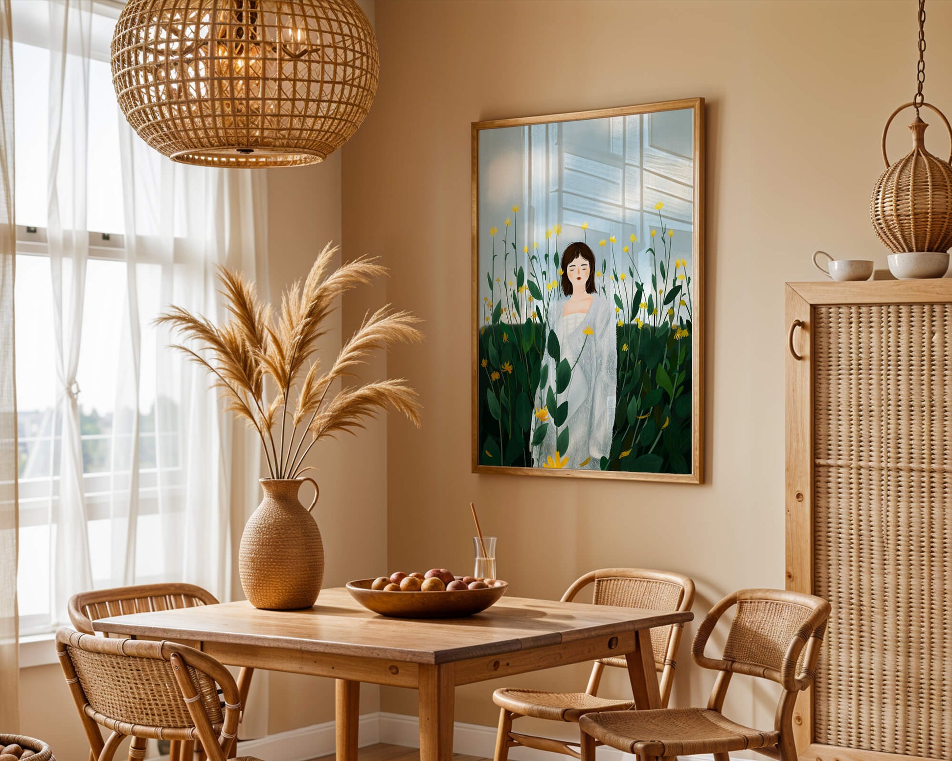 Mujer con abrigo blanco entre flores amarillas