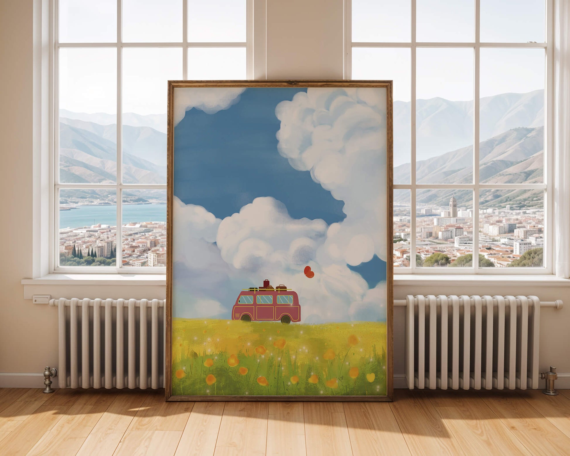 Colorful Van in a Vibrant Field with Balloons and Luggage