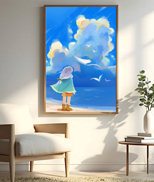 Young person gazing at a vibrant seaside sky with birds flying
