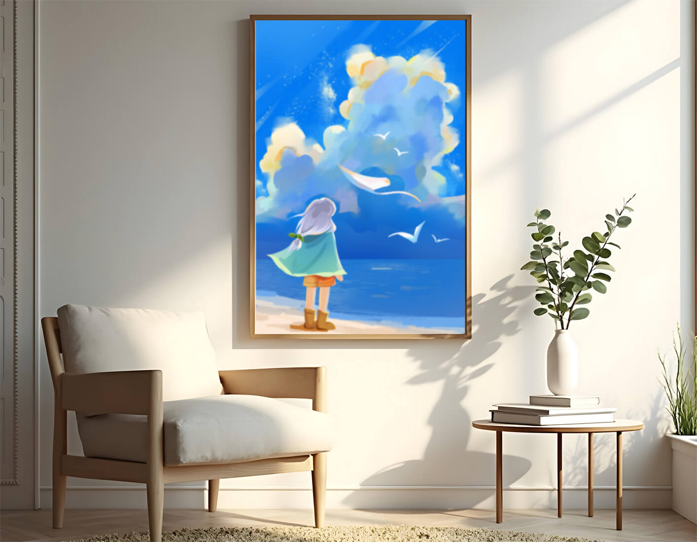 Young person gazing at a vibrant seaside sky with birds flying