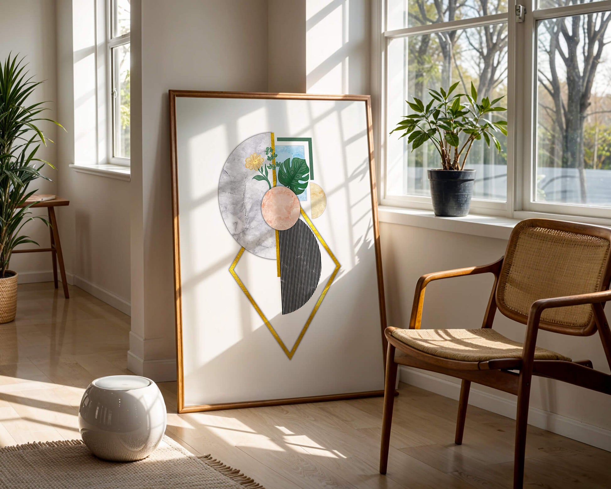 Abstract geometric art with floral and gold accents