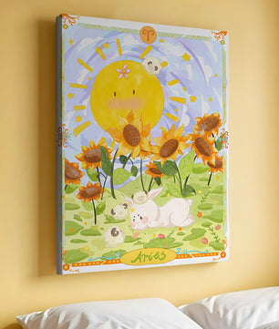 Ilustración encantadora de Aries con animales juguetones y girasoles