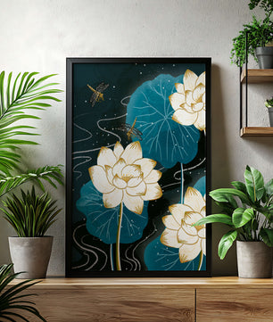 Elegant lotus flowers with dragonflies on a starry night background