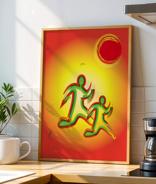 Abstract colorful figures under a vibrant sun with warm tones