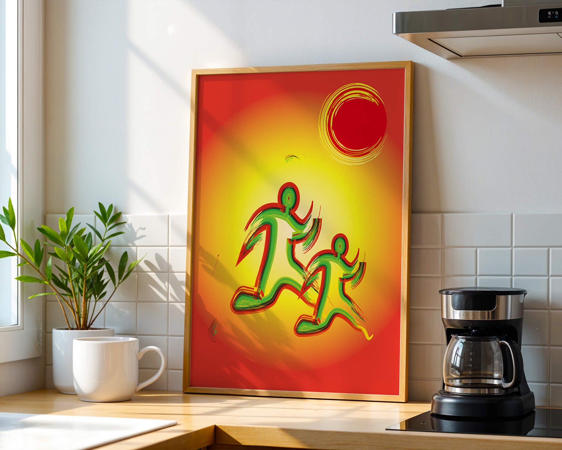 Abstract colorful figures under a vibrant sun with warm tones