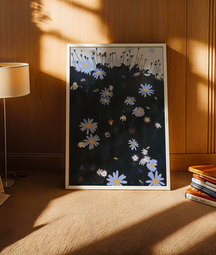 Field Of Blue And White Daisies On A Dark Background