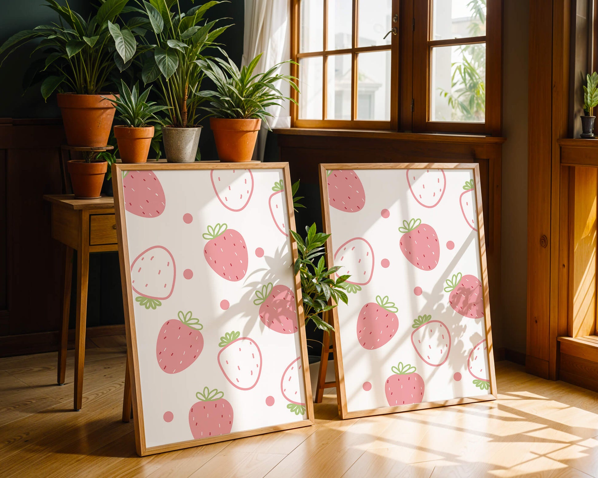 Playful strawberry pattern with pink and white design