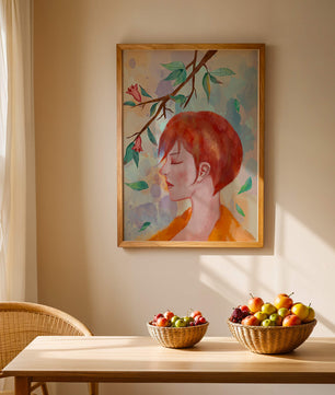Illustrative artwork of a woman with red hair and floral branch