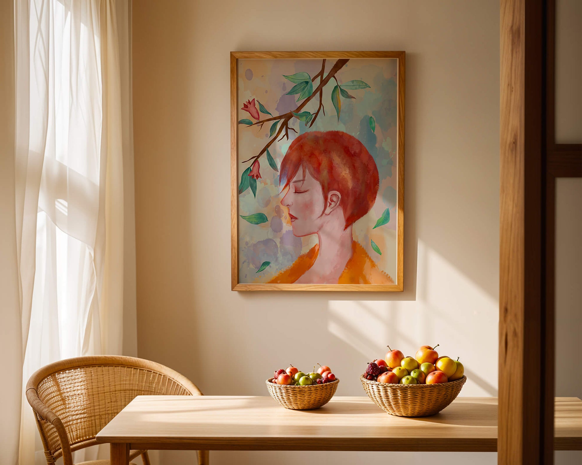 Illustrative artwork of a woman with red hair and floral branch
