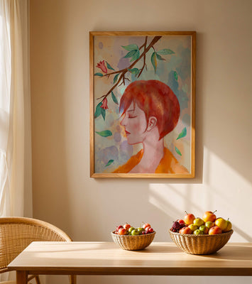 Illustrative artwork of a woman with red hair and floral branch
