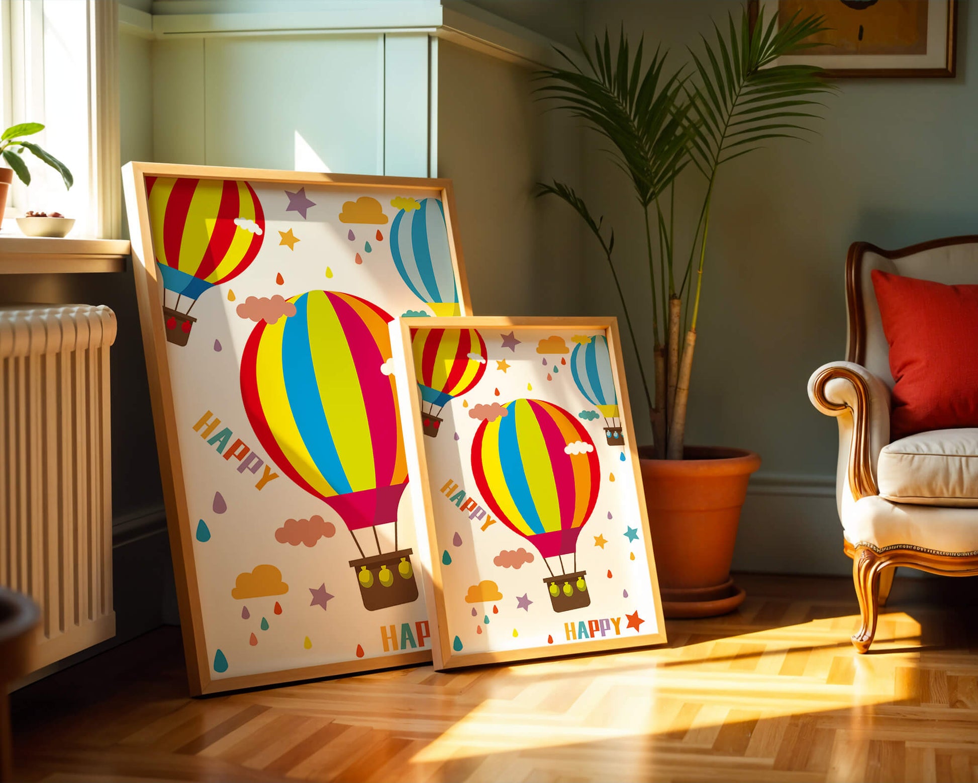 Colorful hot air balloons and happy clouds illustration