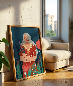 Serene illustration of a woman with flowers under a starry night sky