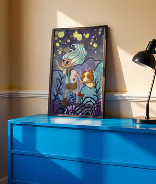 Whimsical Adventure in a Magical Night Sky Landscape