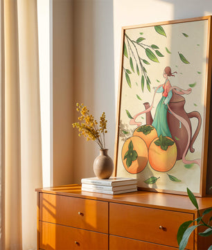 Whimsical scene with a woman in traditional attire among persimmons and leaves