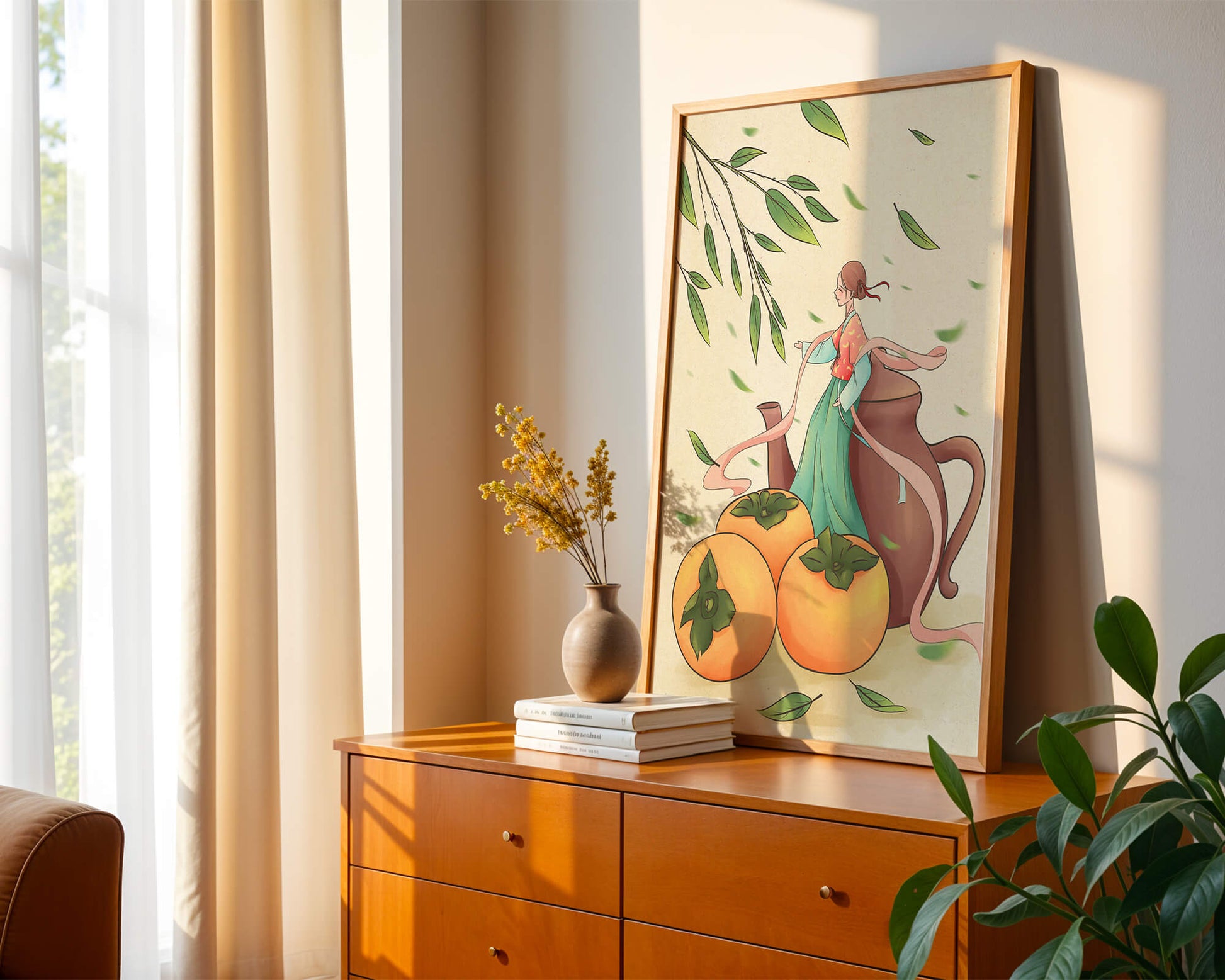 Whimsical scene with a woman in traditional attire among persimmons and leaves