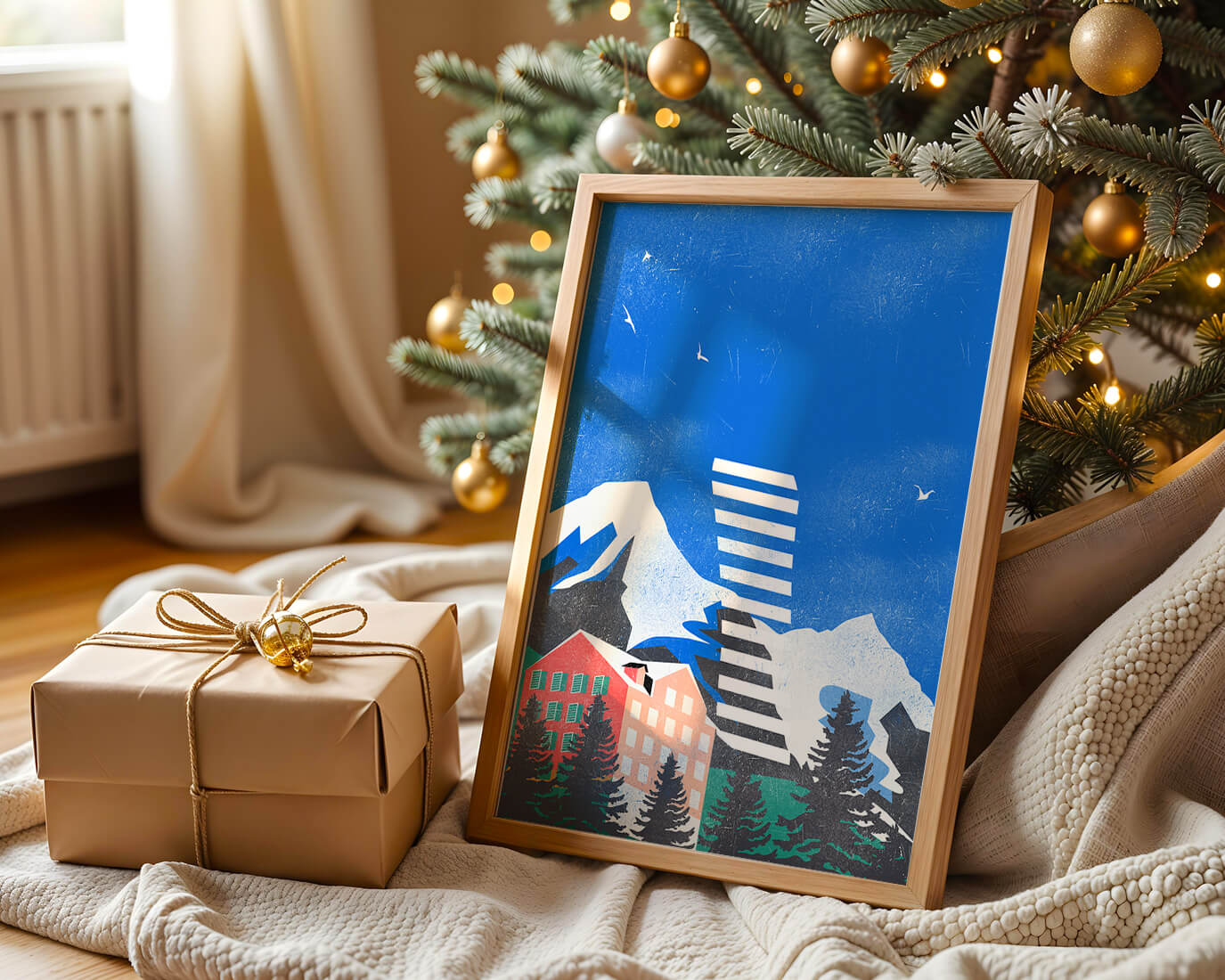 Mountain Resort in a Vibrant Landscape with Blue Sky and Birds