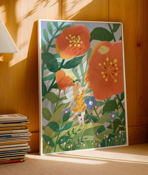 Whimsical illustration of a fairy child in a vibrant floral landscape