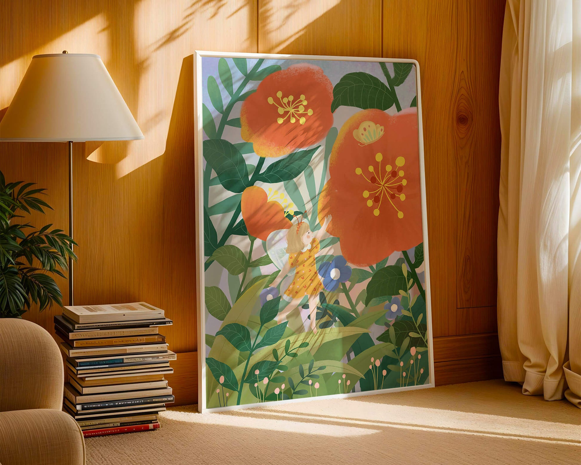 Whimsical illustration of a fairy child in a vibrant floral landscape