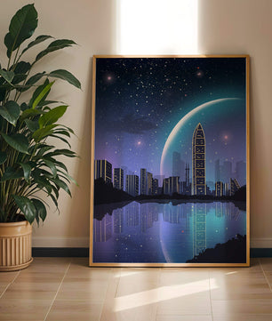 Paisaje urbano futurista bajo un cielo estrellado