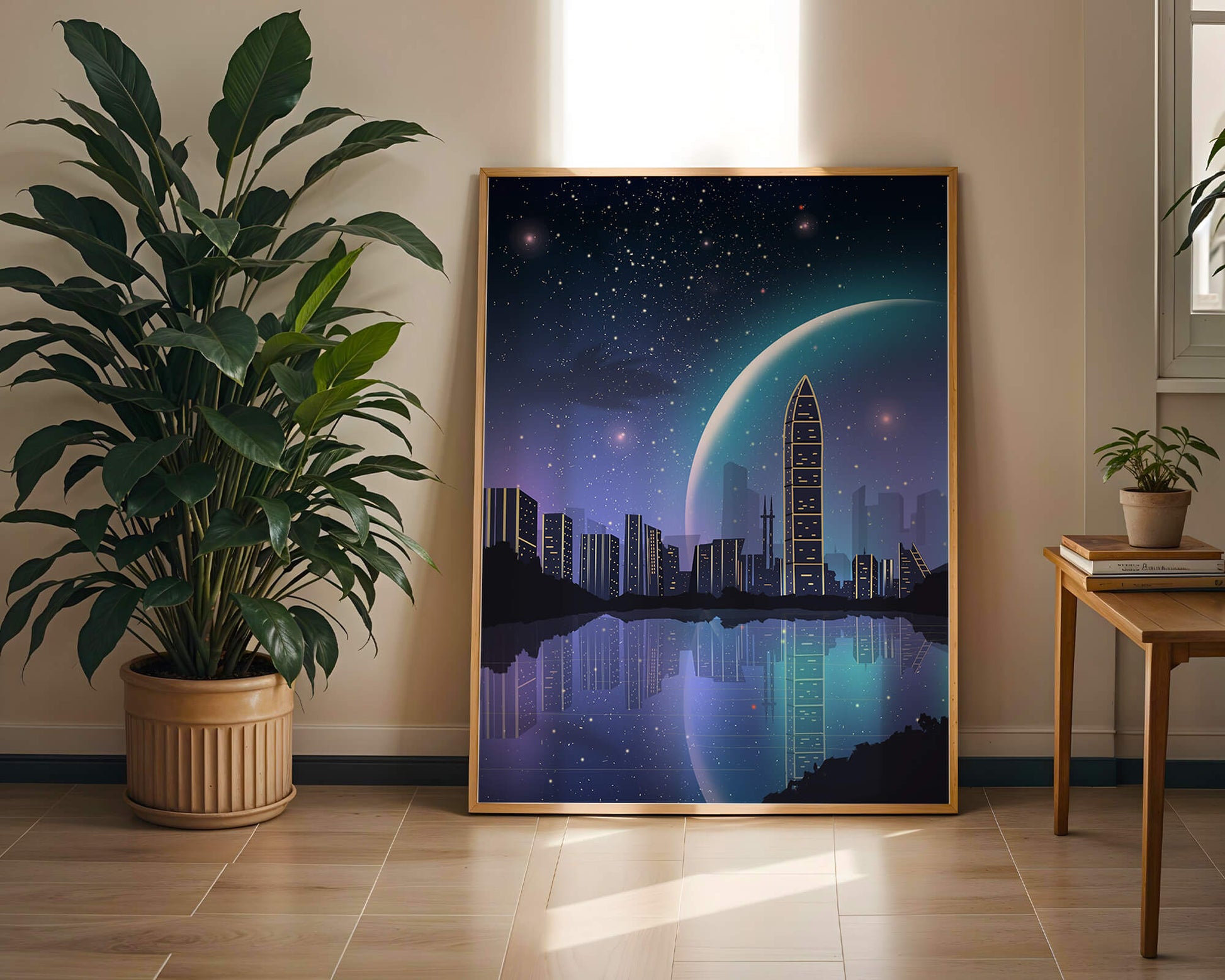 Futuristic cityscape under a starry night sky
