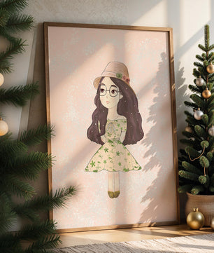 Ilustración encantadora de una niña con vestido y sombrero floral