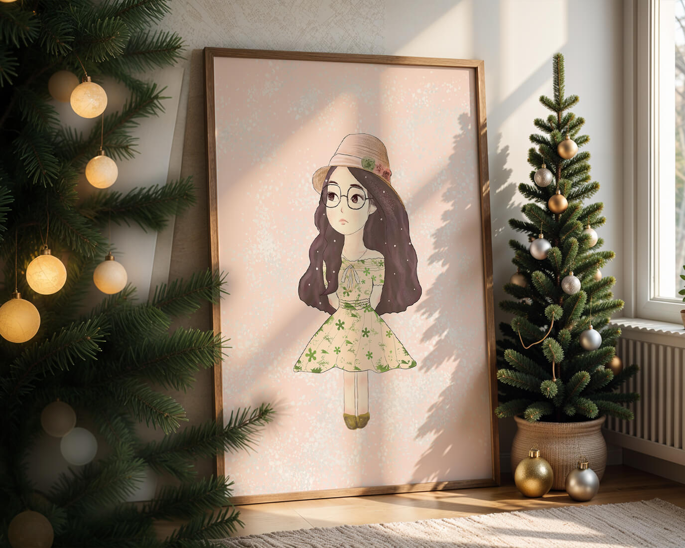 Charming illustration of a girl in a floral dress and hat