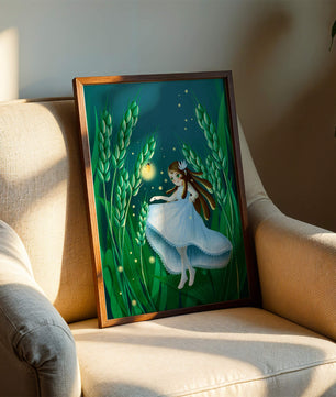 Enchanting fairy in magical wheat field at night