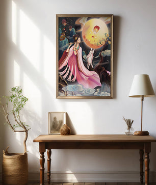 Traditional Asian Art with Flute Player and Moon Rabbit