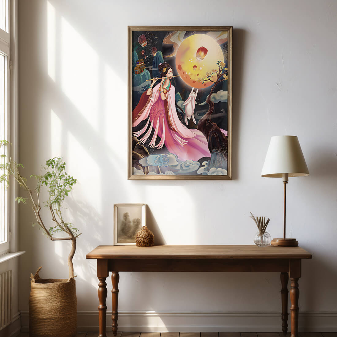 Traditional Asian Art with Flute Player and Moon Rabbit