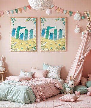 Illustration of Happy Cartoon Crocodiles in a Colorful Meadow - Mi tienda