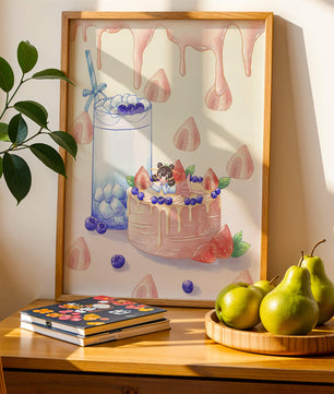 Escena de postre caprichosa con pastel y bebida con acentos juguetones