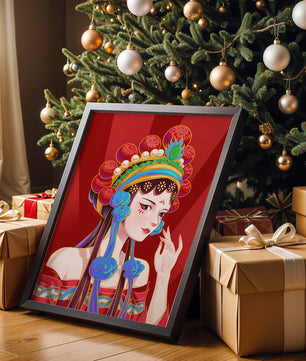 Traditional Asian art depicting stylized woman with ornate headdress