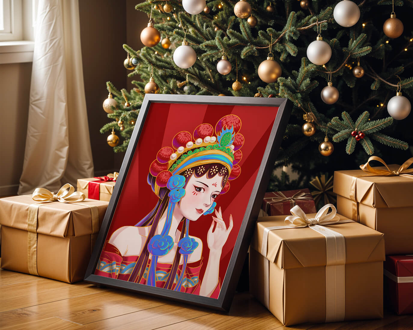 Traditional Asian art depicting stylized woman with ornate headdress