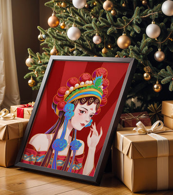 Traditional Asian art depicting stylized woman with ornate headdress