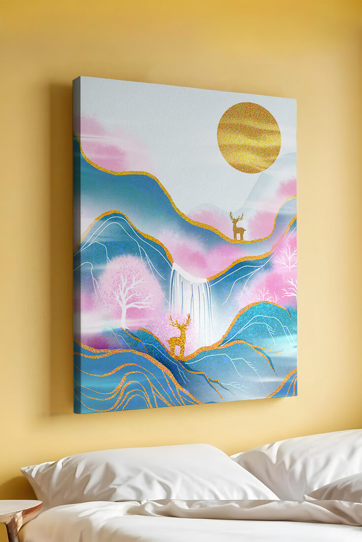 Golden deer in a pastel mountain landscape with pink skies