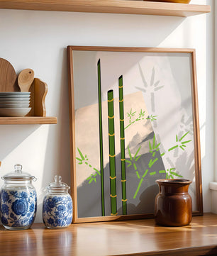 Arte minimalista de bambú con sombras abstractas de bambú