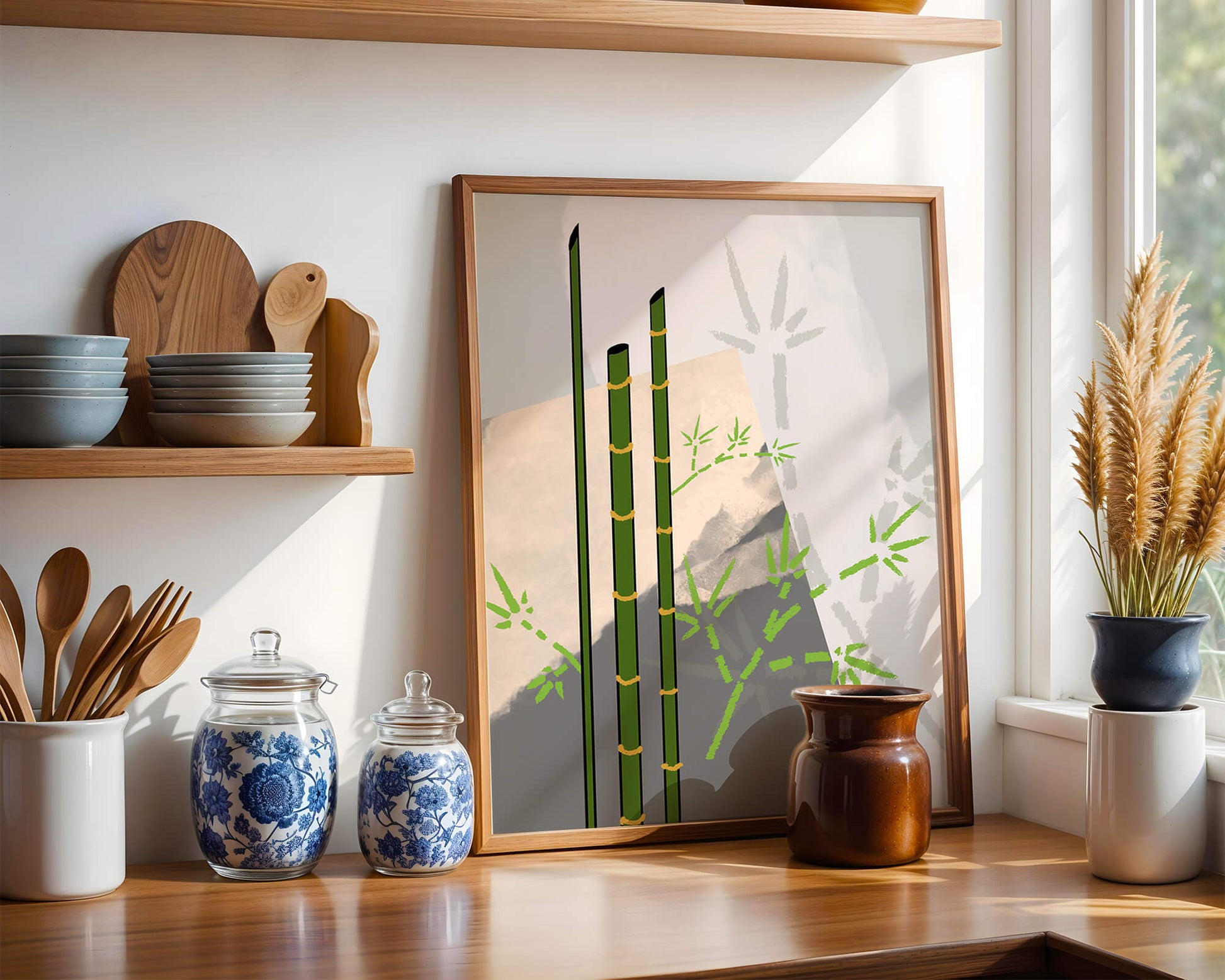 Arte minimalista de bambú con sombras abstractas de bambú