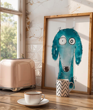 Illustration fantaisiste d’un chien bleu aux traits expressifs