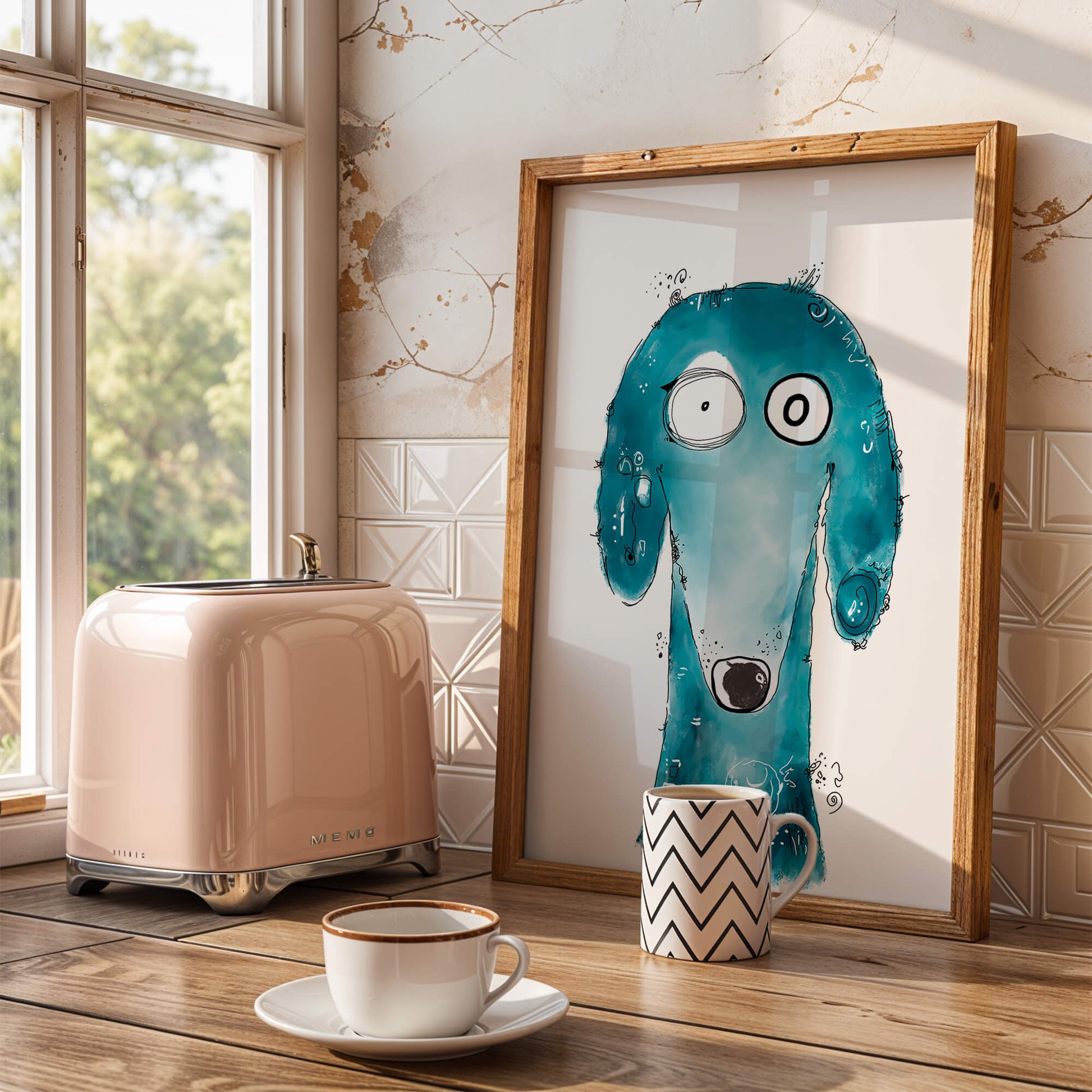 Whimsical blue dog illustration with expressive features