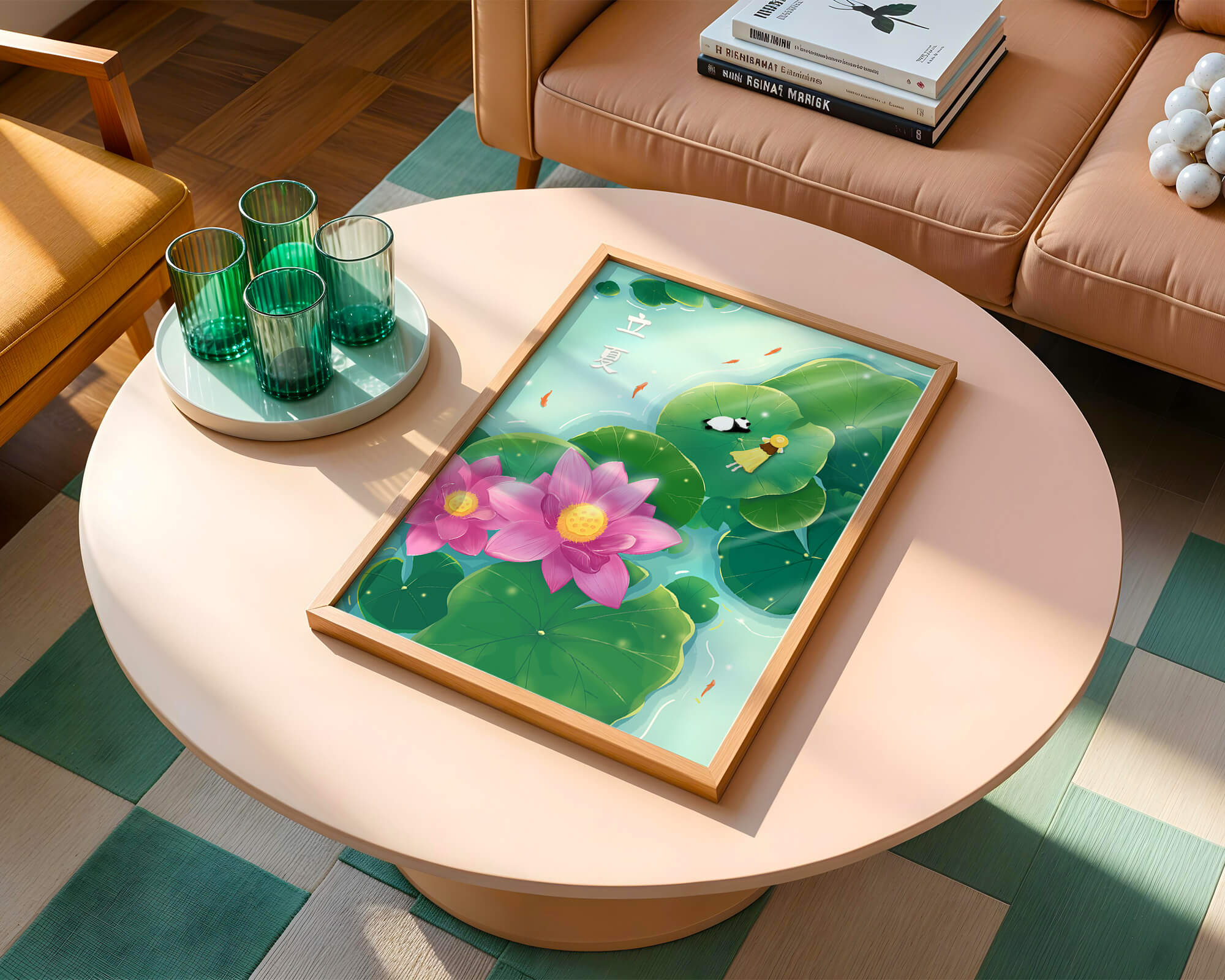 Girl and Panda Relaxing on Lily Pads with Pink Lotus and Goldfish