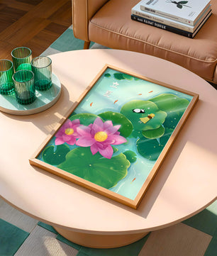 Girl and Panda Relaxing on Lily Pads with Pink Lotus and Goldfish