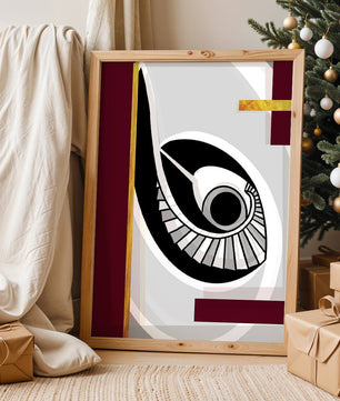 Arte geométrico abstracto con motivo de ojo y detalles dorados
