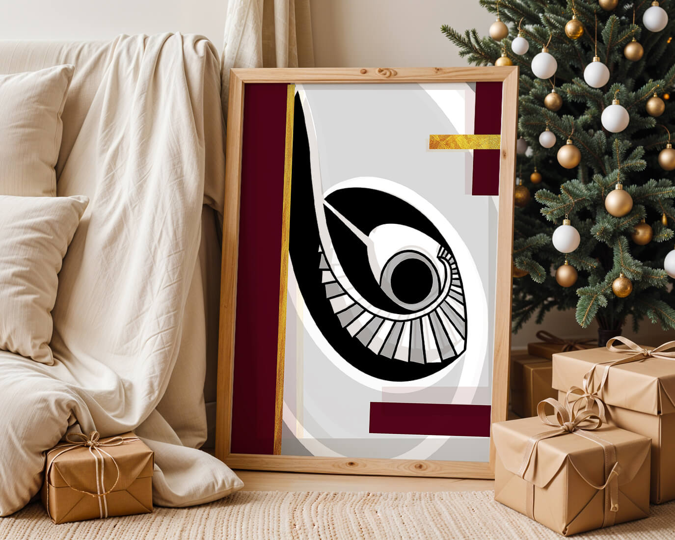 Arte geométrico abstracto con motivo de ojo y detalles dorados